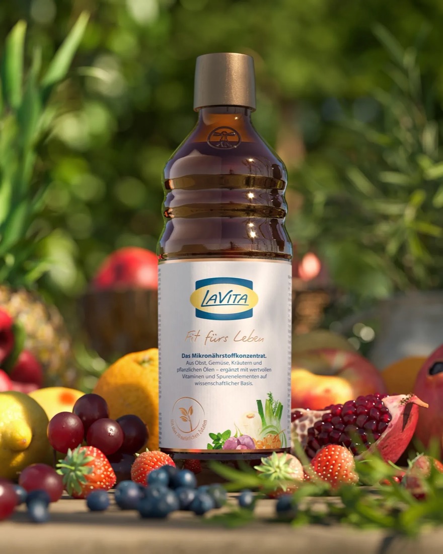 LaVita Mikronährstoffkonzentrat, Flasche umgeben von frischem Obst und Gemüse